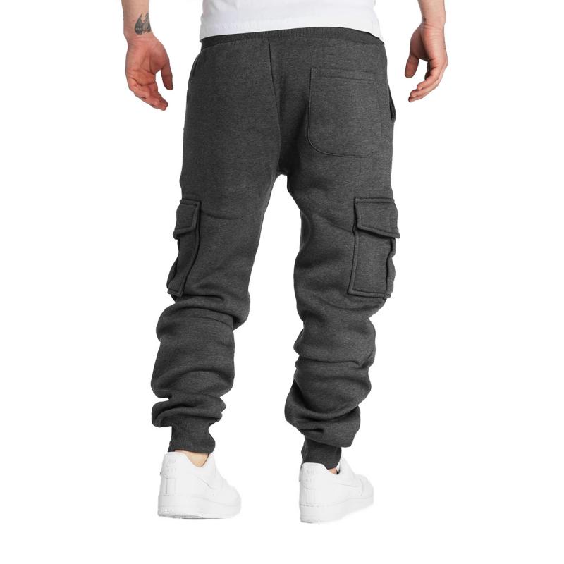 men's-solid-fleece-multi-pocket-elastic-waist-sports-trousers