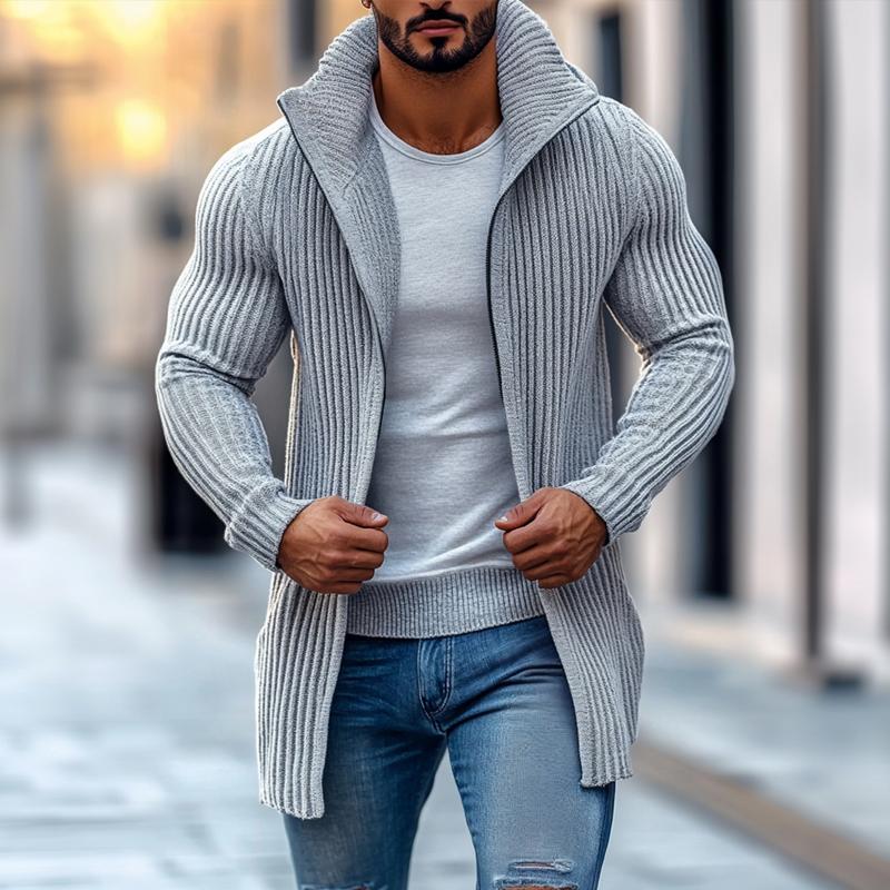 men's-fashion-stand-collar-solid-striped-long-sleeve-mid-length-knit-cardigan