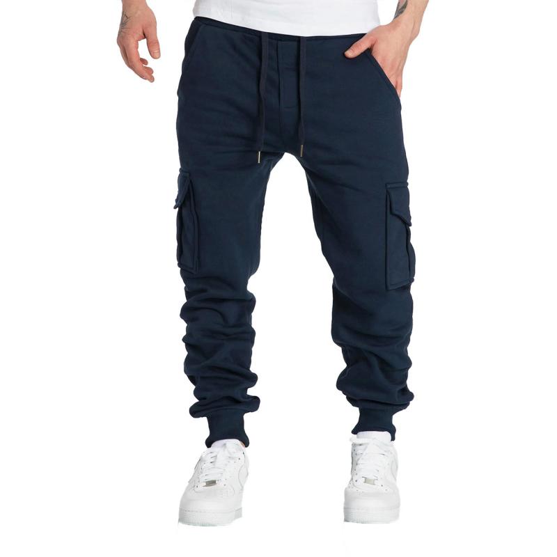 men's-solid-fleece-multi-pocket-elastic-waist-sports-trousers