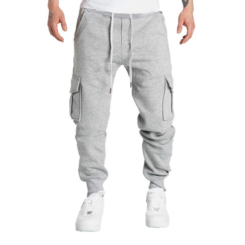 men's-solid-fleece-multi-pocket-elastic-waist-sports-trousers