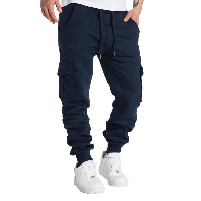 men's-solid-fleece-multi-pocket-elastic-waist-sports-trousers