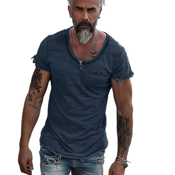 Retro Solid Color Round Neck Raw Edge Short Sleeve T-Shirt - DUVAL