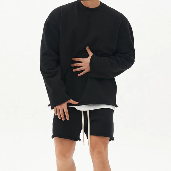 Fashion Solid Color Loose Rolled Sweatshirt Shorts Set