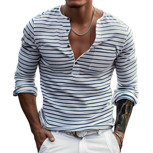 Striped Henley Collar Long Sleeve Casual T-shirt