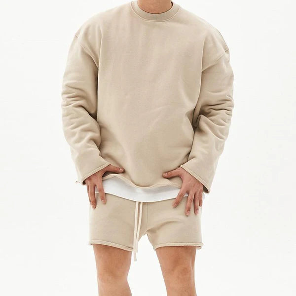 Fashion Solid Color Loose Rolled Sweatshirt Shorts Set