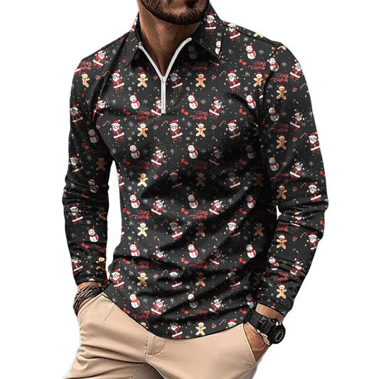 Retro Casual Christmas Floral Print Long Sleeve Polo Shirt