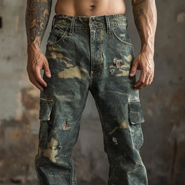 Vintage Camouflage Print Ripped Cargo Jeans