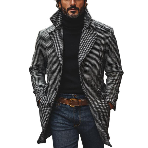 Classic Houndstooth Notch Lapel Single Breasted Mid-Length Coat - DUVAL