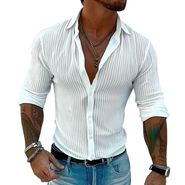 Solid Color Striped Lapel Long Sleeve Shirt