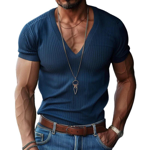 Solid V Neck Short Sleeve Knit T-shirt