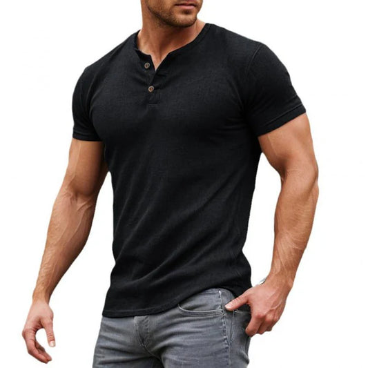 Casual Solid Cotton Blend Slim Fit Henley Neck Short Sleeve T-Shirt