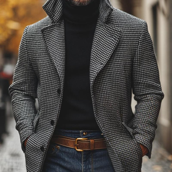 Classic Houndstooth Notch Lapel Single Breasted Mid-Length Coat - DUVAL