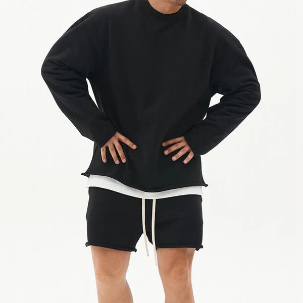 Fashion Solid Color Loose Rolled Sweatshirt Shorts Set