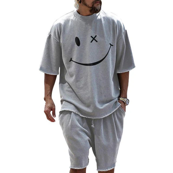 Fashion Loose Smiley Print Short Sleeve T-Shirt and Shorts Set