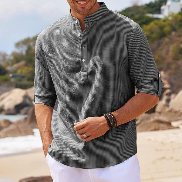 Waffle Stand Collar Rolled Sleeve Long Sleeve Shirt