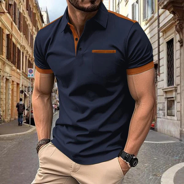 Colorblock Chest Pocket Lapel Short Sleeve Polo Shirt