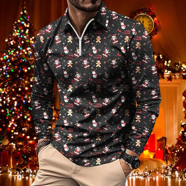 Retro Casual Christmas Floral Print Long Sleeve Polo Shirt