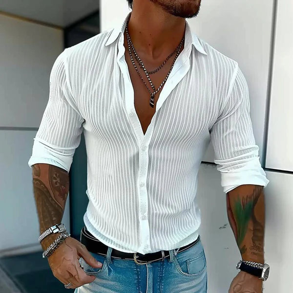 Solid Color Striped Lapel Long Sleeve Shirt