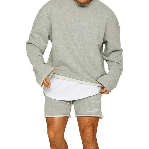 Fashion Solid Color Loose Rolled Sweatshirt Shorts Set