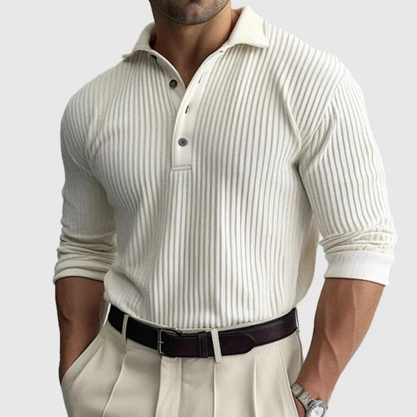 Solid Striped Lapel Long Sleeve Polo Shirt