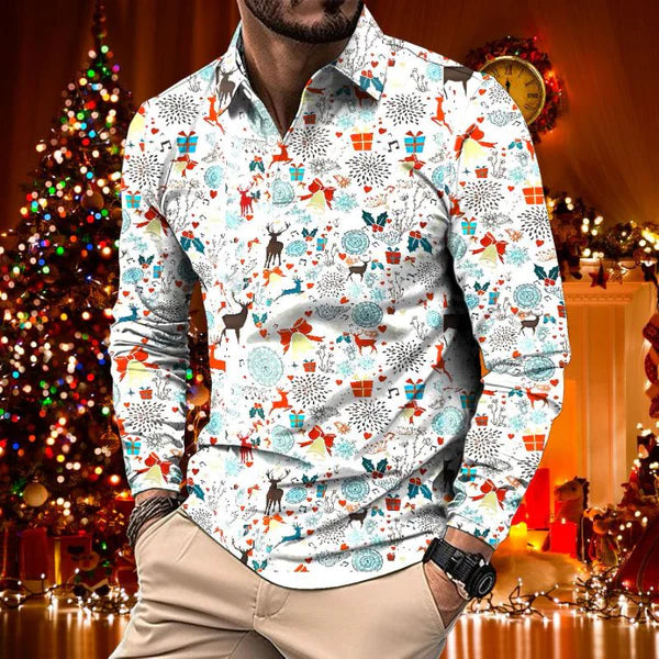 Retro Casual Christmas Floral Print Long Sleeve Polo Shirt