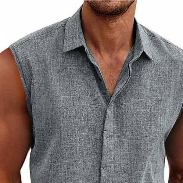 Solid Color Lapel Cotton and Linen Sleeveless Shirt