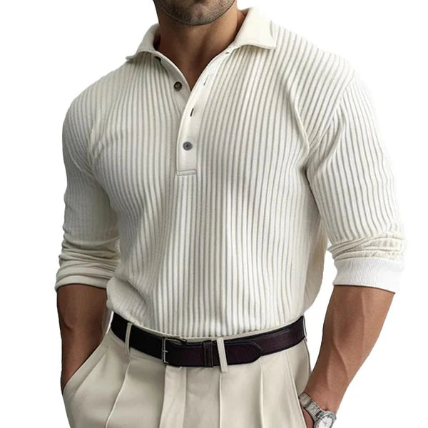 Solid Striped Lapel Long Sleeve Polo Shirt