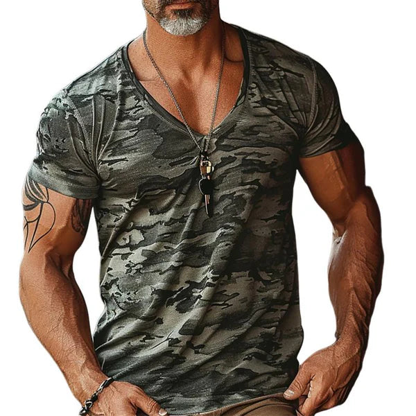 Camouflage Print V-Neck Short Sleeve T-Shirt