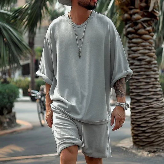 Solid Loose V Neck Short Sleeve T-shirt Shorts Casual Set