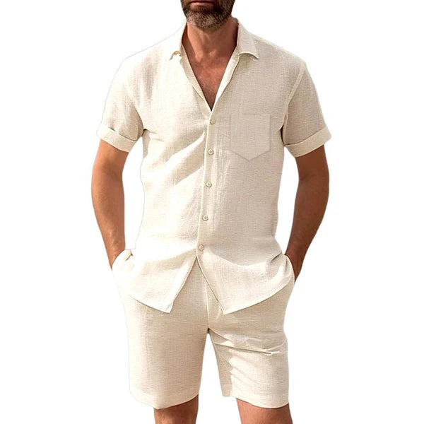 Cotton And Linen Short-Sleeved Shirt And Shorts Set