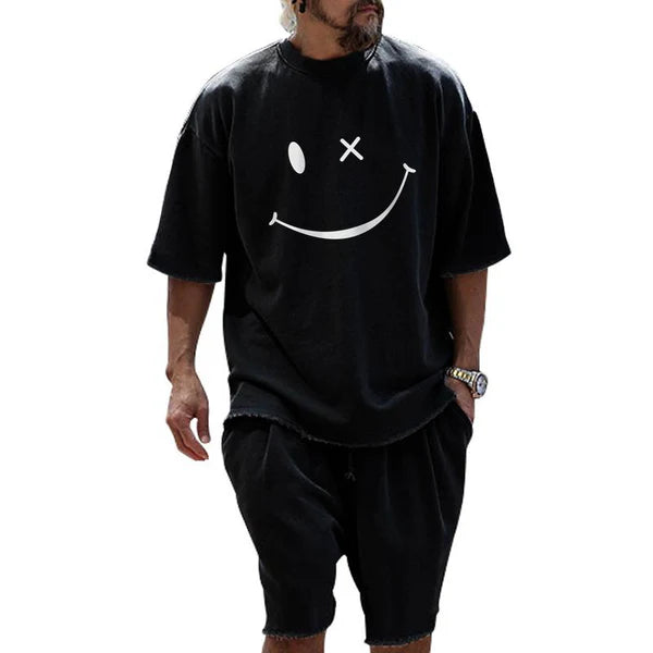 Fashion Loose Smiley Print Short Sleeve T-Shirt and Shorts Set