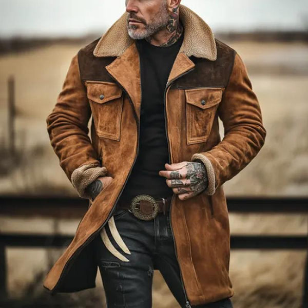 Colorblock Suede and Polar Fleece Lapel Mid-Length Coat - DUVAL