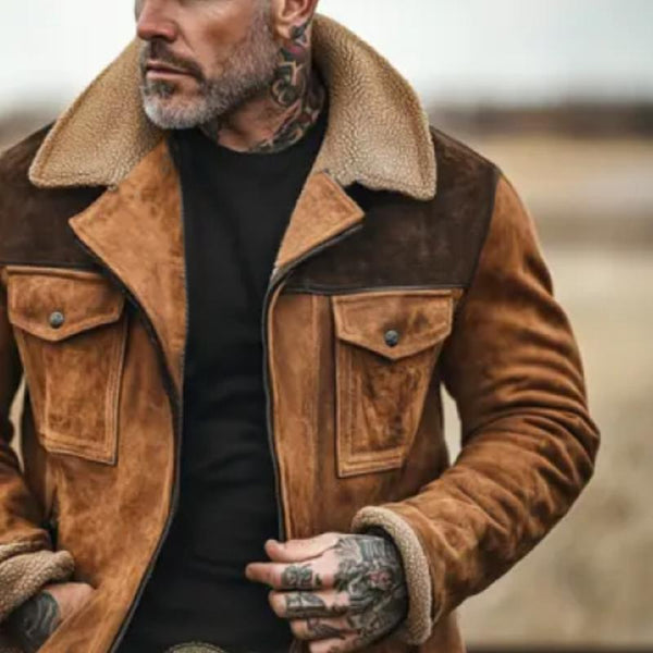 Colorblock Suede and Polar Fleece Lapel Mid-Length Coat - DUVAL