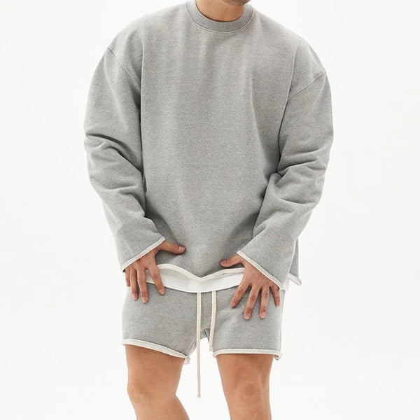 Fashion Solid Color Loose Rolled Sweatshirt Shorts Set