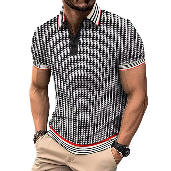 Casual Houndstooth Color Block Short Sleeve POLO Shirt