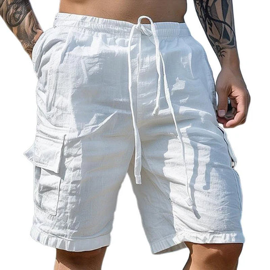 Men's Solid Color Cotton And Linen Drawstring Beach Shorts