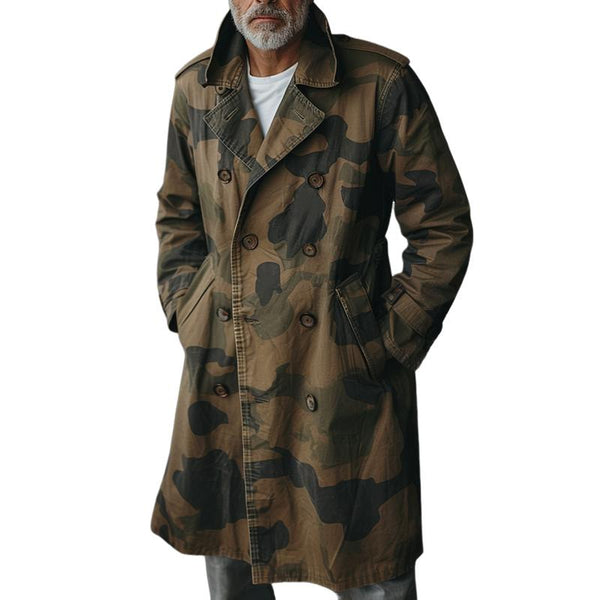 Men's Camouflage Lapel Double Breasted Mid-length Cargo Trench Coat