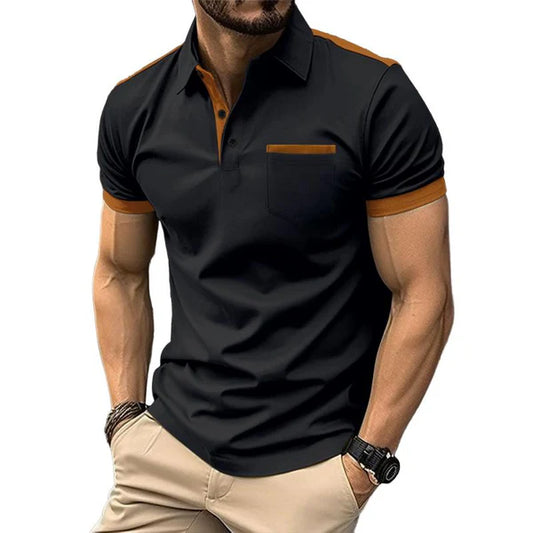 Colorblock Chest Pocket Lapel Short Sleeve Polo Shirt