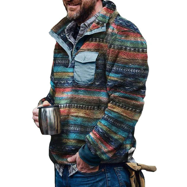 Men's Retro Casual Color Striped Flannel Stand Collar Sweatshirt