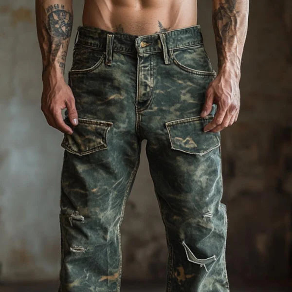 Vintage Camouflage Print Ripped Jeans