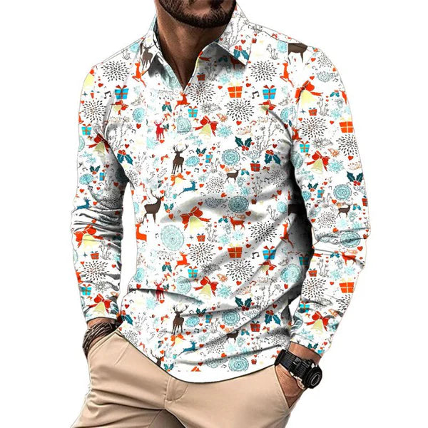 Retro Casual Christmas Floral Print Long Sleeve Polo Shirt