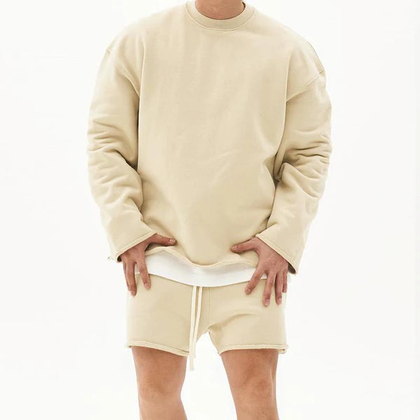 Fashion Solid Color Loose Rolled Sweatshirt Shorts Set