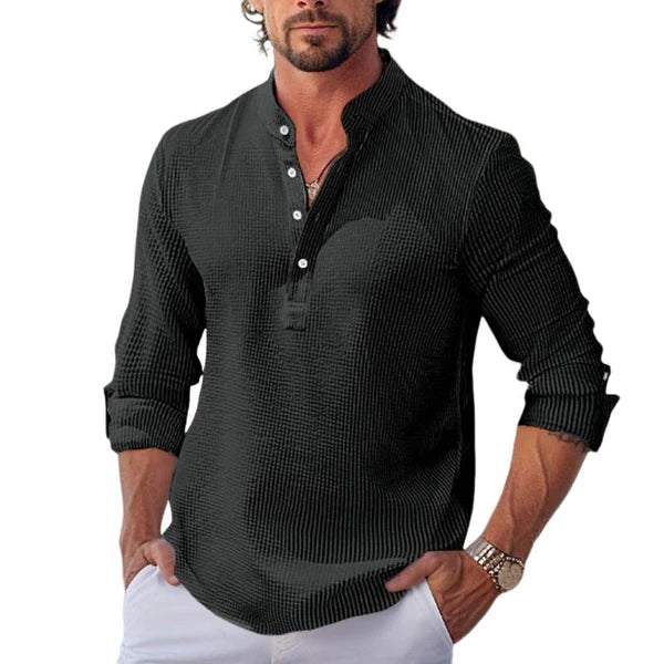 Waffle Stand Collar Rolled Sleeve Long Sleeve Shirt