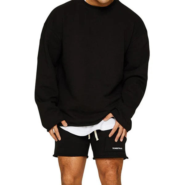 Fashion Solid Color Loose Rolled Sweatshirt Shorts Set