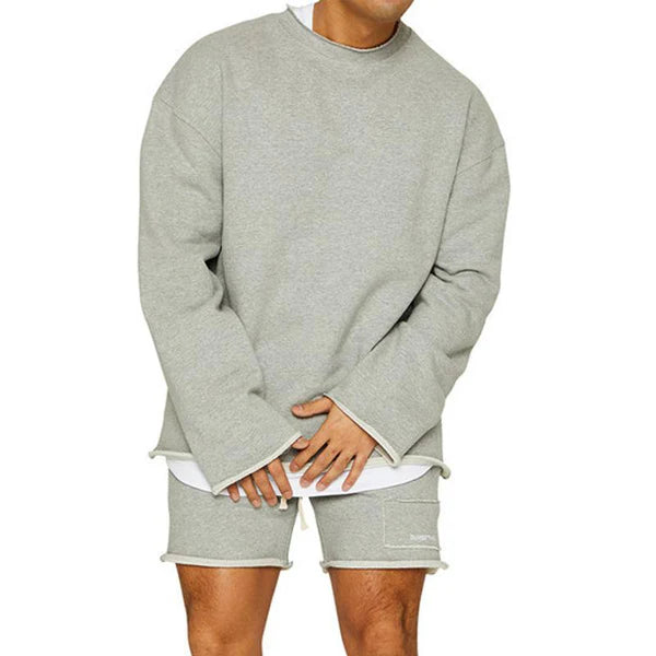 Fashion Solid Color Loose Rolled Sweatshirt Shorts Set