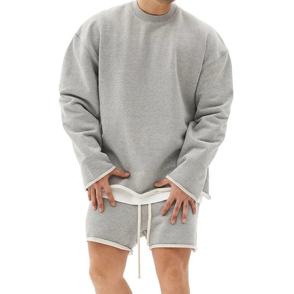 Fashion Solid Color Loose Rolled Sweatshirt Shorts Set