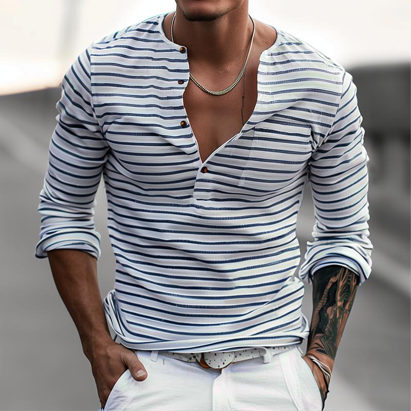 Striped Henley Collar Long Sleeve Casual T-shirt