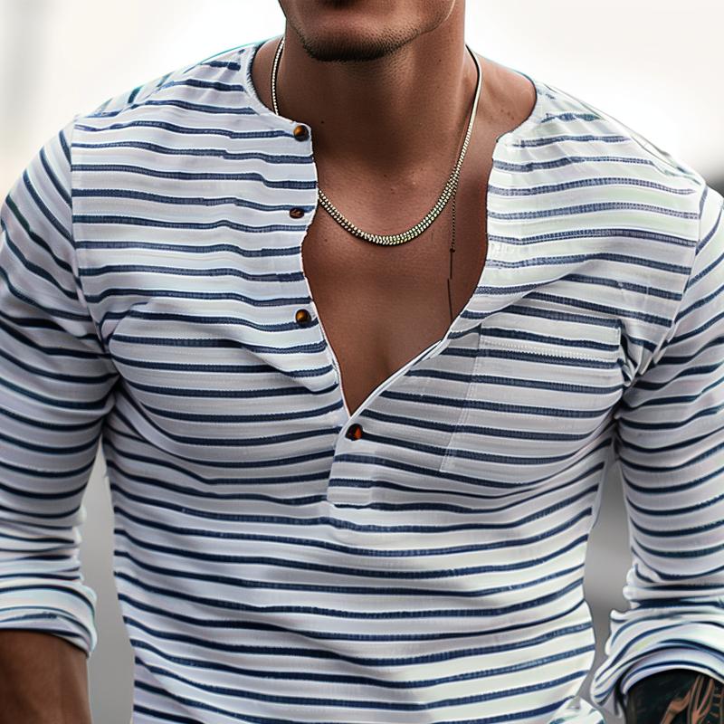 Striped Henley Collar Long Sleeve Casual T-shirt