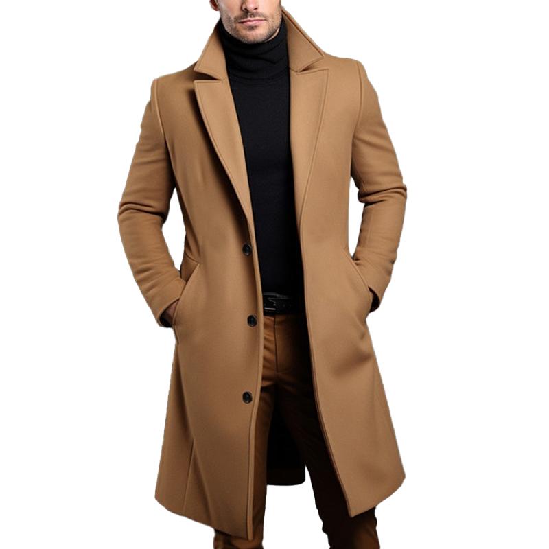 Solid Notch Lapel Single-breasted Mid-length Coat - DUVAL