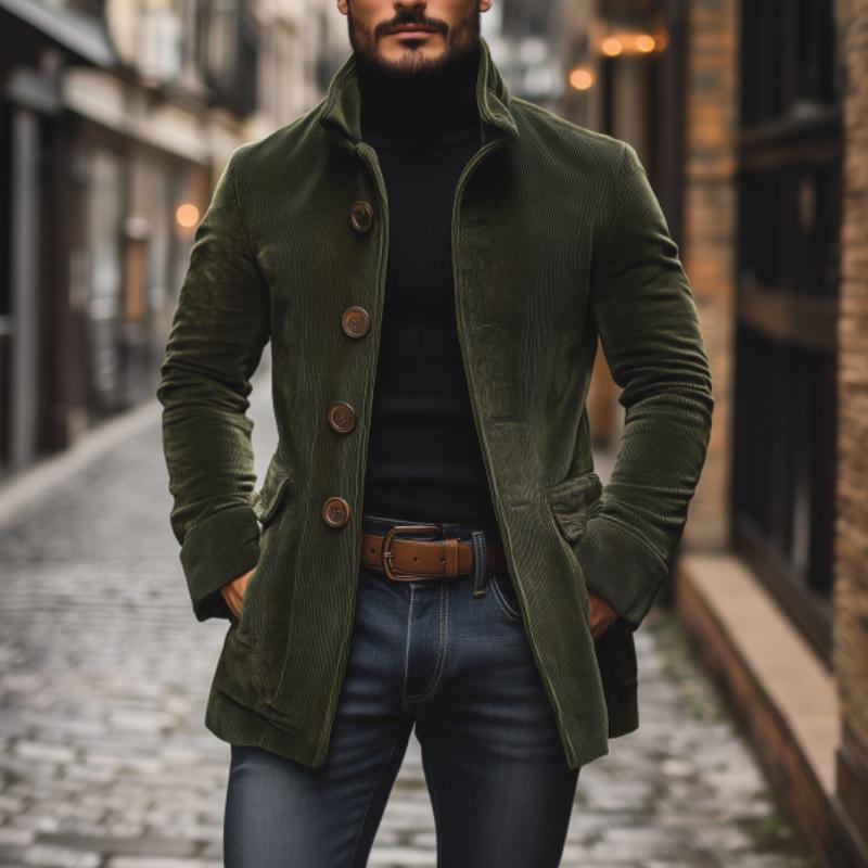 Vintage Corduroy Stand Collar Single Breasted Slim Short Coat - DUVAL